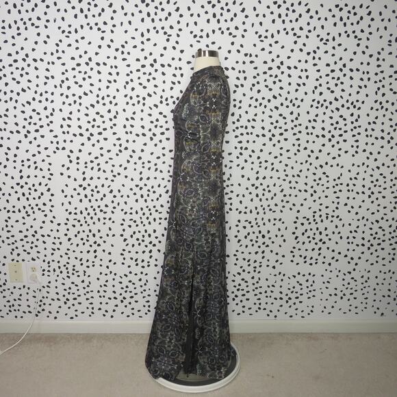 Free People Cabaret Long Sleeve Gray Boho Printed Keyhole Maxi Dress - Picture 6 of 12